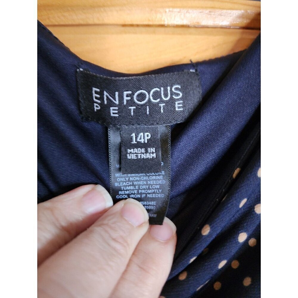 Enfocus Studio Navy Blue Gold Polka Dot Sleeveless Ruched Dress Size 14 Petite - Picture 7 of 10